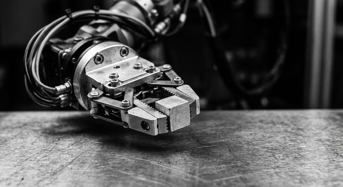 A robotic gripper picking up a small metal cube on a steel workbench