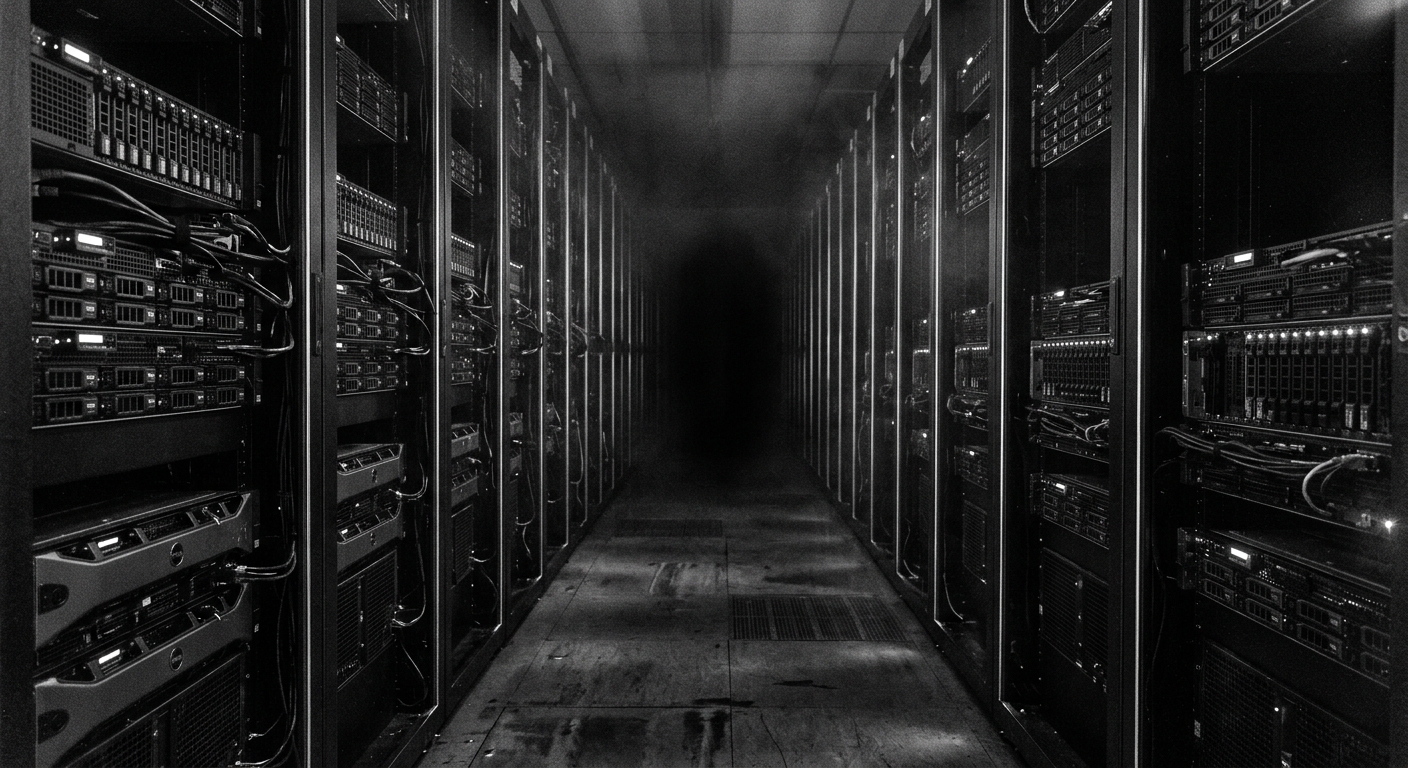 A dim aisle of GPU server racks receding into darkness